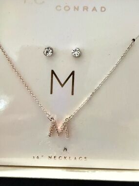 Lauren Conrad Silver-Tone Crystal 'M' Initial Necklace with Clear Stud Earrings